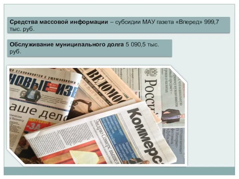 Обслуживание муниципального долга 5 090,5 тыс. руб. Средства массовой информации