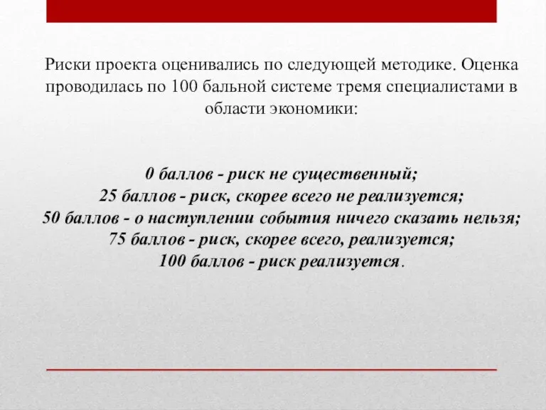 Риски проекта оценивались по следующей методике. Оценка проводилась по 100