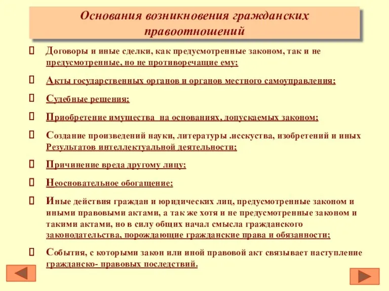 Основания возникновения гражданских правоотношений Договоры и иные сделки, как предусмотренные