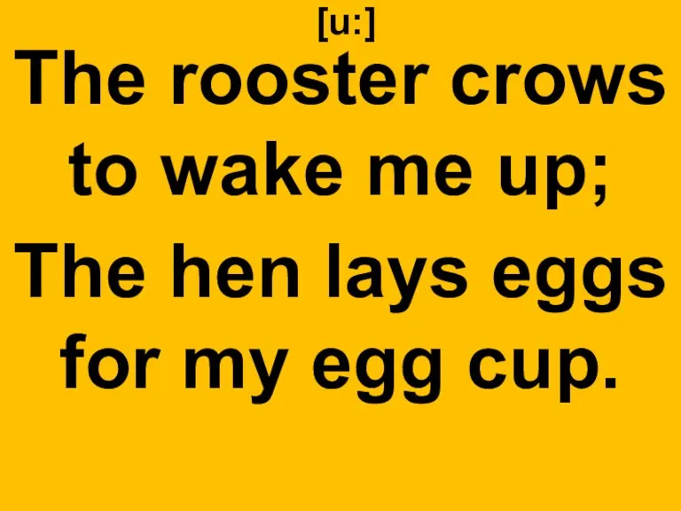 [u:] The rooster crows to wake me up; The hen lays eggs for my egg cup.