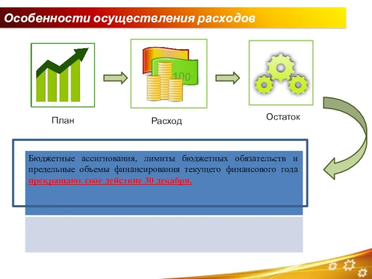 Особенности осуществления расходов План Расход Остаток