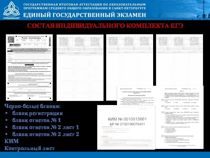 СОСТАВ ИНДИВИДУАЛЬНОГО КОМПЛЕКТА ЕГЭ Черно-белые бланки: бланк регистрации бланк ответов