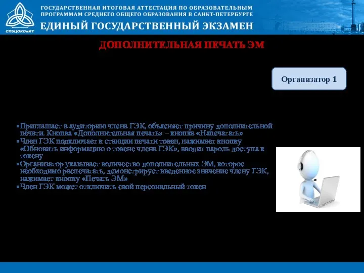 ДОПОЛНИТЕЛЬНАЯ ПЕЧАТЬ ЭМ Приглашает в аудиторию члена ГЭК, объясняет причину