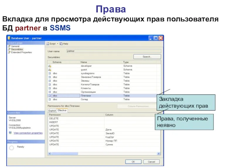Права Вкладка для просмотра действующих прав пользователя БД partner в