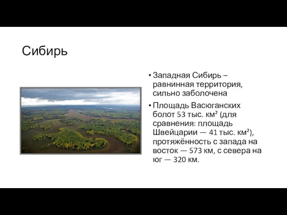 Сибирь Западная Сибирь – равнинная территория, сильно заболочена Площадь Васюганских болот 53 тыс.