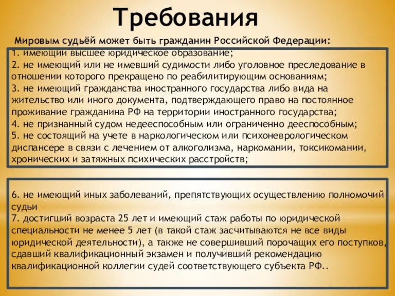 Требования Мировым судьёй может быть гражданин Российской Федерации: 1. имеющий