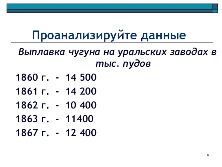 Проанализируйте данные Выплавка чугуна на уральских заводах в тыс. пудов