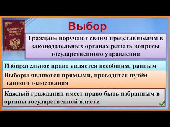 Выборы Граждане поручают своим представителям в законодательных органах решать вопросы государственного управления Избирательное