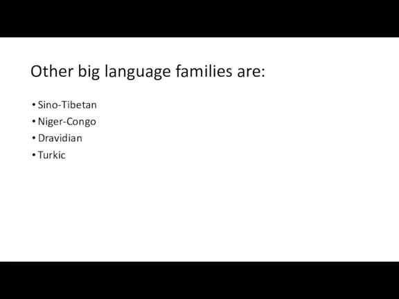 Other big language families are: Sino-Tibetan Niger-Congo Dravidian Turkic