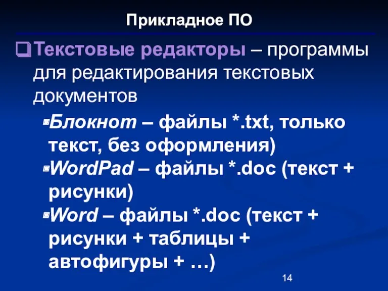 Прикладное ПО Текстовые редакторы – программы для редактирования текстовых документов