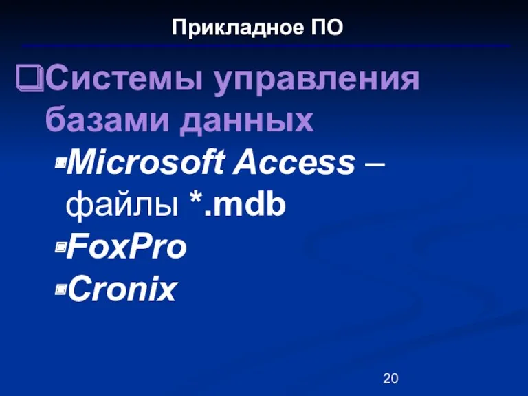 Прикладное ПО Системы управления базами данных Microsoft Access – файлы *.mdb FoxPro Cronix