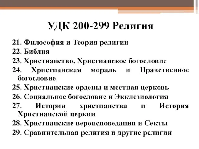 УДК 200-299 Религия 21. Философия и Теория религии 22. Библия 23. Христианство. Христианское