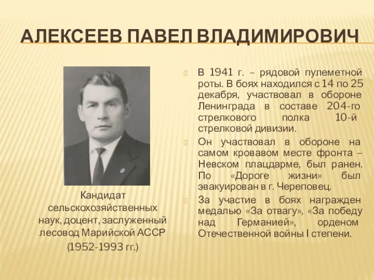 АЛЕКСЕЕВ ПАВЕЛ ВЛАДИМИРОВИЧ В 1941 г. – рядовой пулеметной роты.