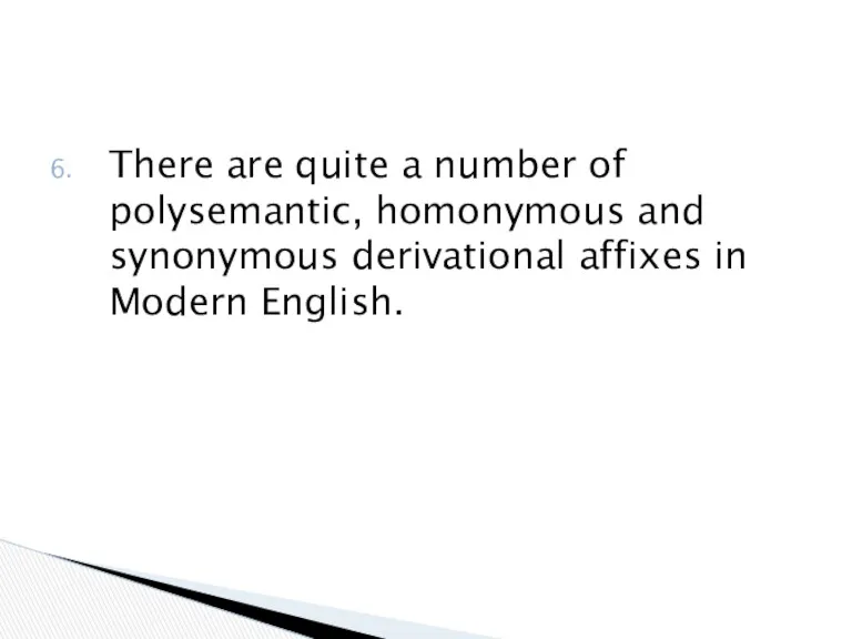 There are quite a number of polysemantic, homonymous and synonymous derivational affixes in Modern English.