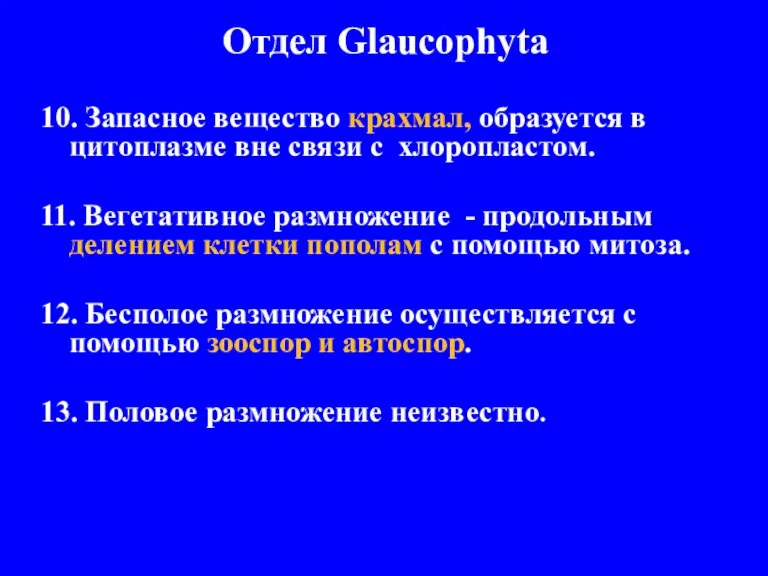 Отдел Glaucophyta 10. Запасное вещество крахмал, образуется в цитоплазме вне