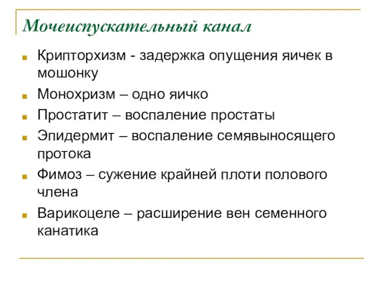 Мочеиспускательный канал Крипторхизм - задержка опущения яичек в мошонку Монохризм – одно яичко