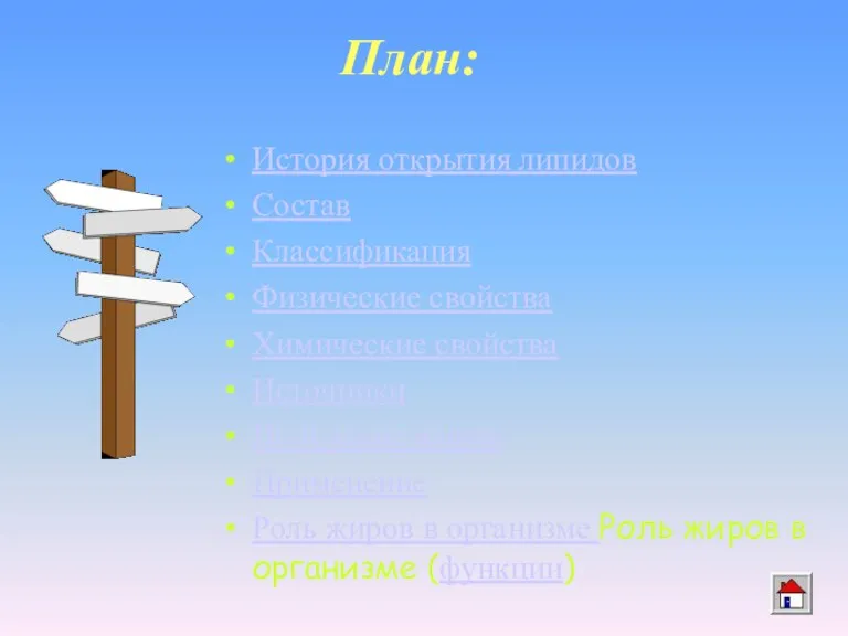 План: История открытия липидов Состав Классификация Физические свойства Химические свойства