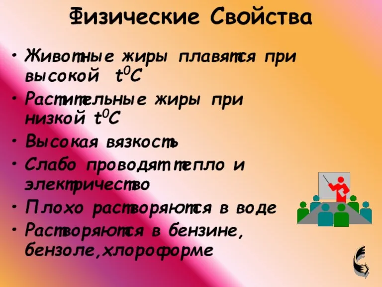 Физические Свойства Животные жиры плавятся при высокой t0C Растительные жиры