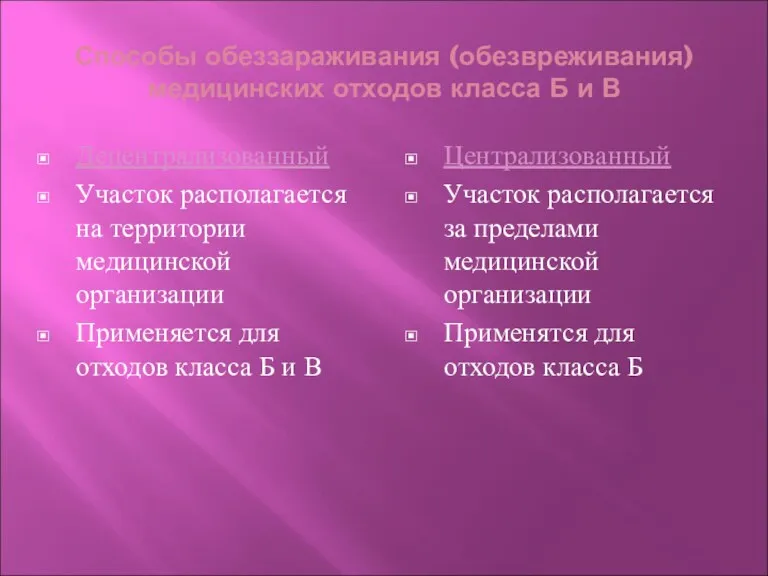 Способы обеззараживания (обезвреживания) медицинских отходов класса Б и В Децентрализованный