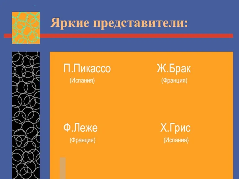 Яркие представители: П.Пикассо Ж.Брак (Испания) (Франция) Ф.Леже Х.Грис (Франция) (Испания)