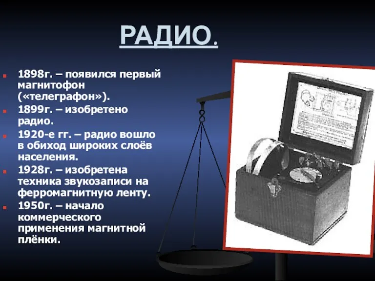 РАДИО. 1898г. – появился первый магнитофон («телеграфон»). 1899г. – изобретено