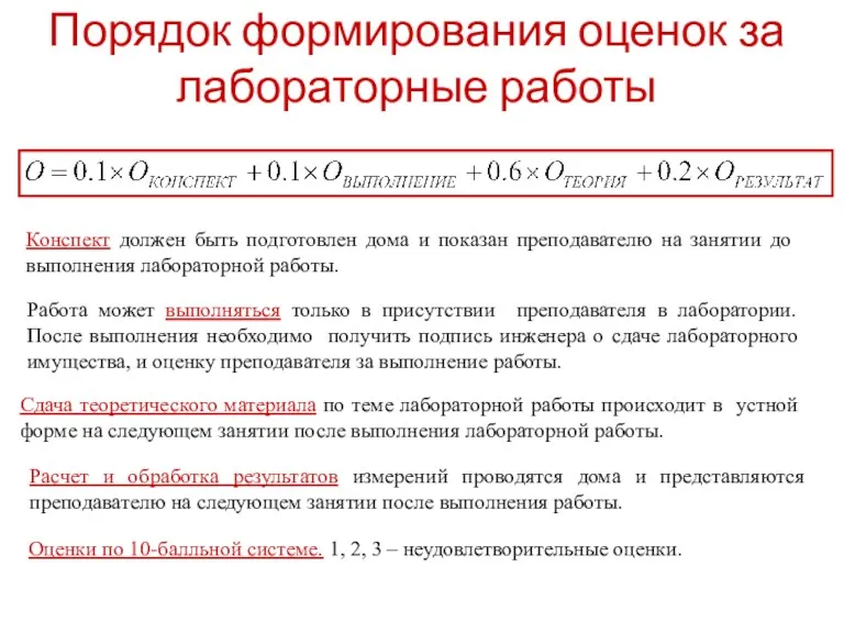 Порядок формирования оценок за лабораторные работы Конспект должен быть подготовлен