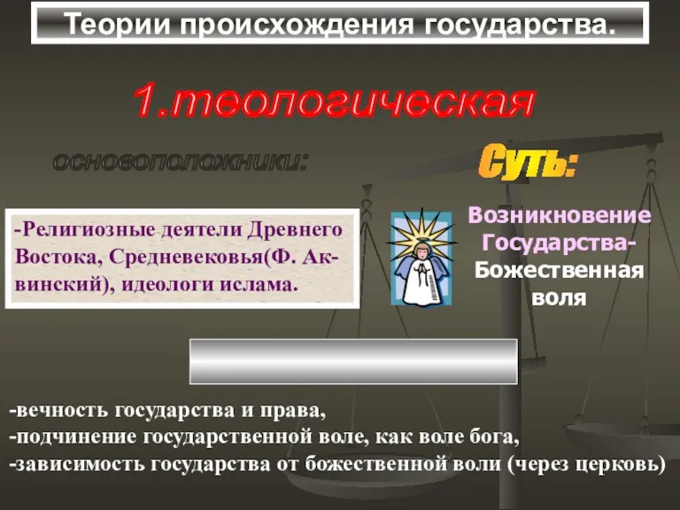 Теории происхождения государства. 1.теологическая основоположники: -Религиозные деятели Древнего Востока, Средневековья(Ф.