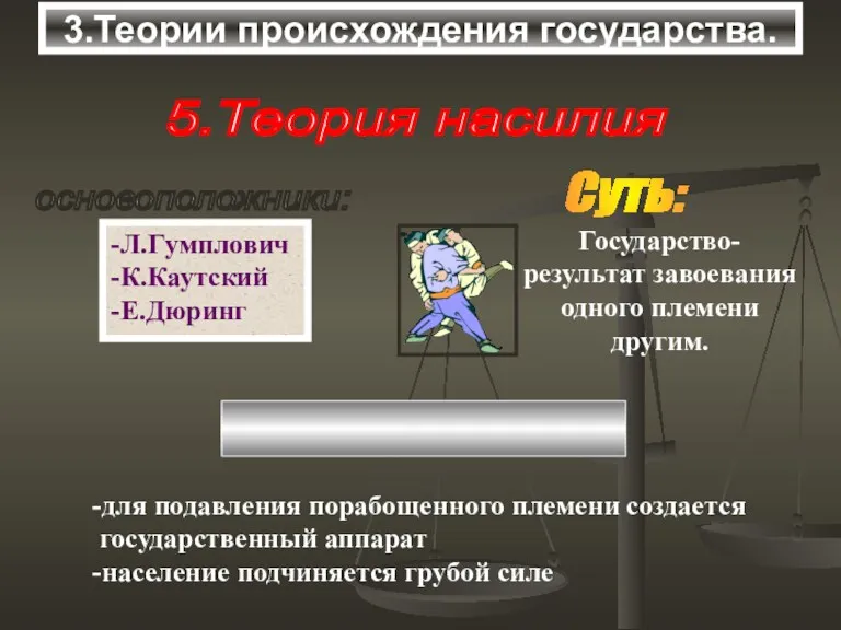 3.Теории происхождения государства. 5.Теория насилия основоположники: -Л.Гумплович -К.Каутский -Е.Дюринг Суть: