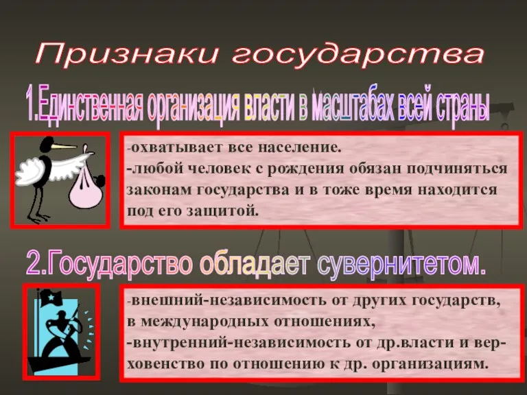 Признаки государства 1.Единственная организация власти в масштабах всей страны 2.Государство обладает сувернитетом.