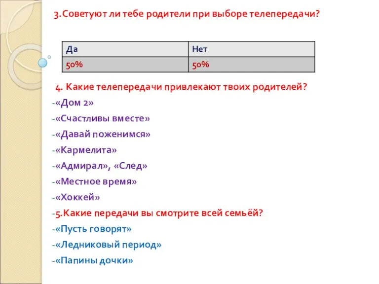 3.Советуют ли тебе родители при выборе телепередачи? 4. Какие телепередачи