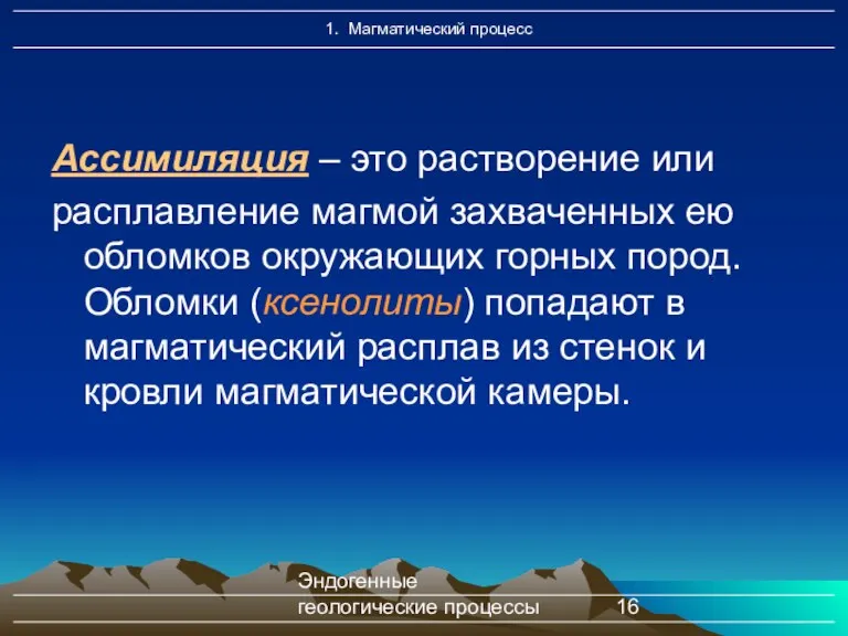 Эндогенные геологические процессы Ассимиляция – это растворение или расплавление магмой