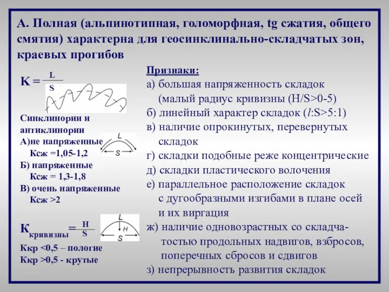 Признаки: а) большая напряженность складок (малый радиус кривизны (H/S>0-5) б)