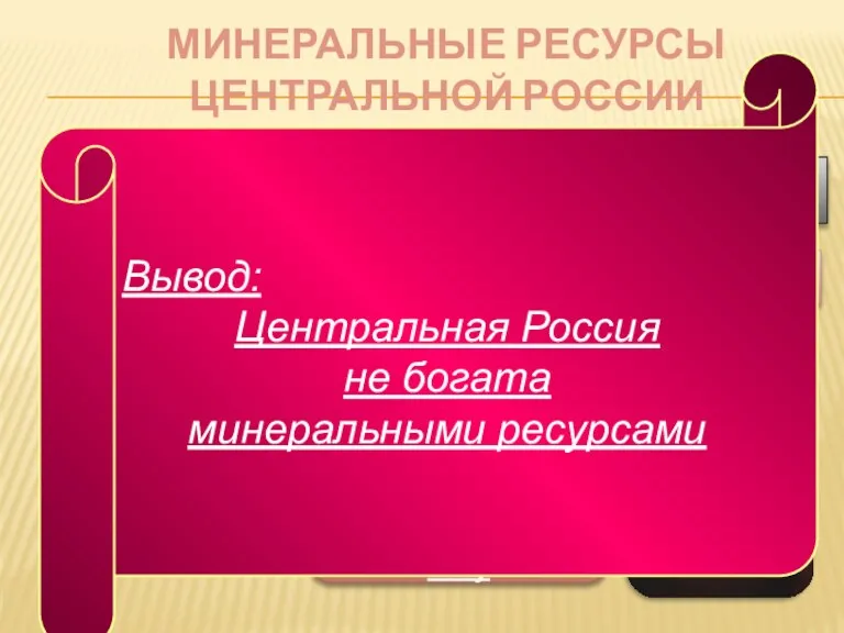 МИНЕРАЛЬНЫЕ РЕСУРСЫ ЦЕНТРАЛЬНОЙ РОССИИ Топливные Строительные материалы Железная руда фосфориты