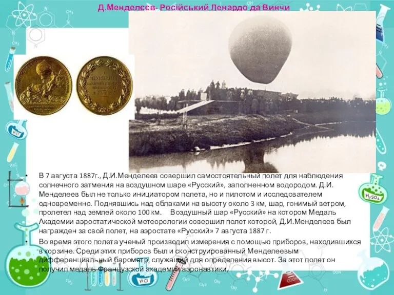 Д.Менделєєв- Російський Ленардо да Винчи В 7 августа 1887г., Д.И.Менделеев