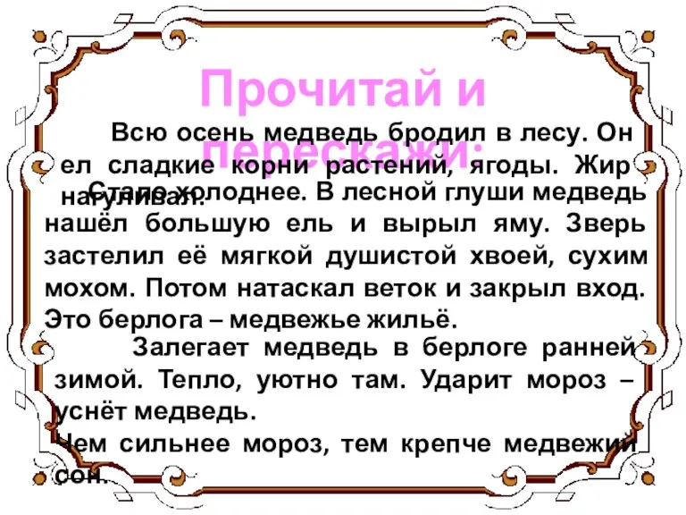 Прочитай и перескажи: Всю осень медведь бродил в лесу. Он