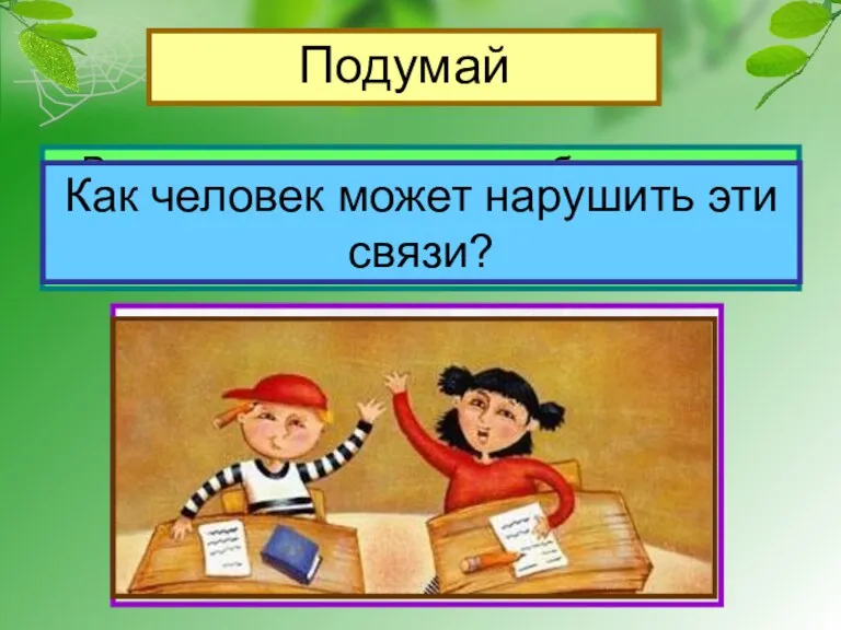 Подумай Рассмотрите рисунки в учебнике на стр.55, приведите примеры связей в природе. Как