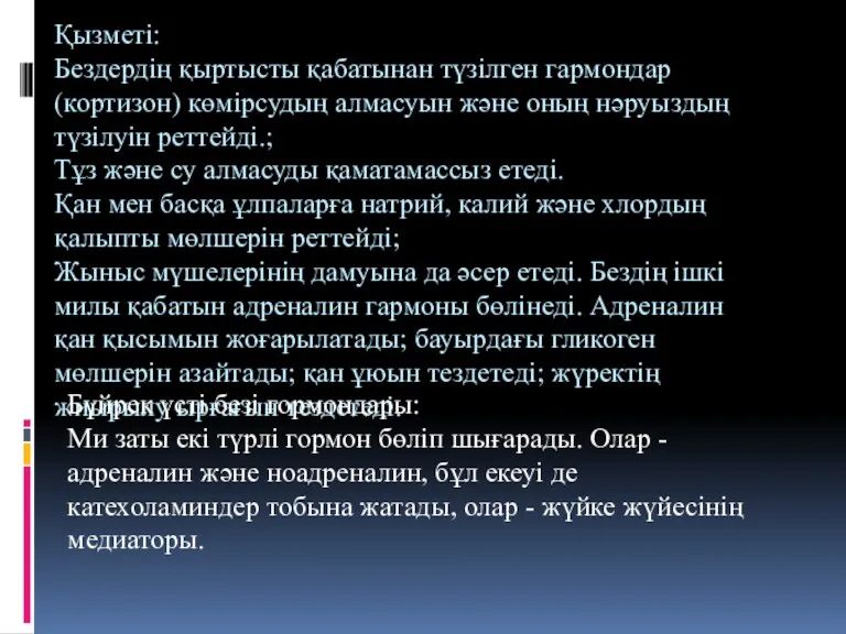 Қызметі: Бездердің қыртысты қабатынан түзілген гармондар (кортизон) көмірсудың алмасуын және