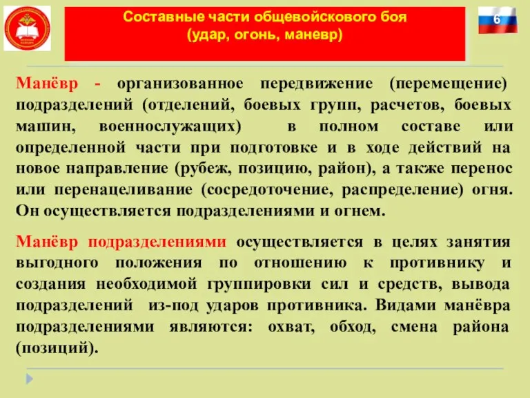 6 Составные части общевойскового боя (удар, огонь, маневр) Манёвр -