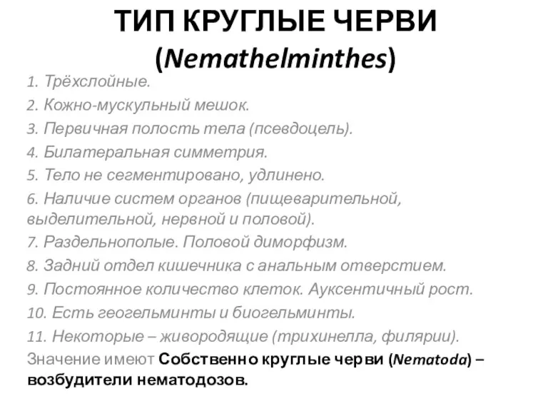 ТИП КРУГЛЫЕ ЧЕРВИ (Nemathelminthes) 1. Трёхслойные. 2. Кожно-мускульный мешок. 3.