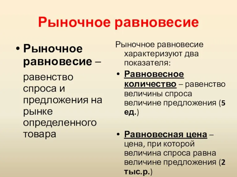 Рыночное равновесие Рыночное равновесие – равенство спроса и предложения на