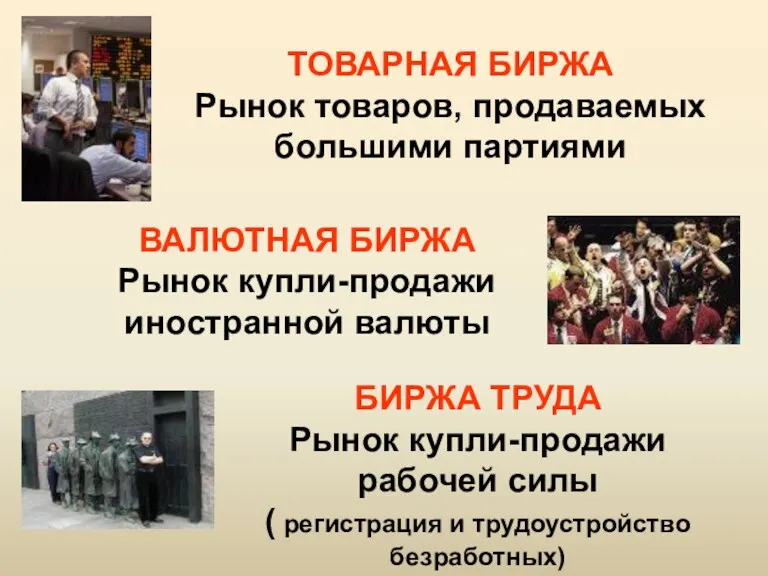 ТОВАРНАЯ БИРЖА Рынок товаров, продаваемых большими партиями ВАЛЮТНАЯ БИРЖА Рынок