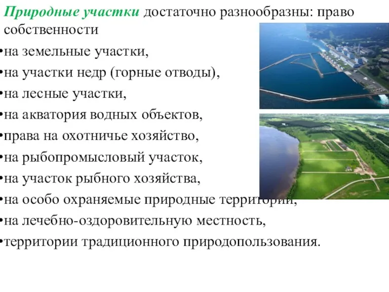 Природные участки достаточно разнообразны: право собственности на земельные участки, на