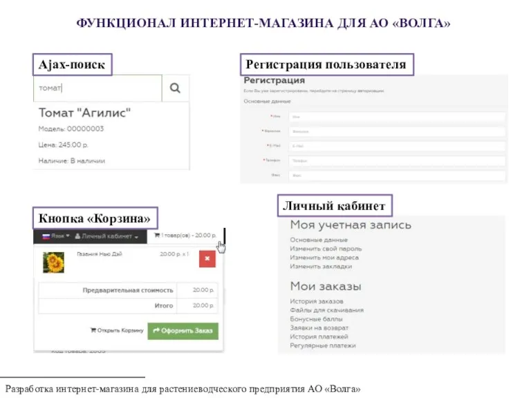 Разработка интернет-магазина для растениеводческого предприятия АО «Волга» Ajax-поиск Регистрация пользователя
