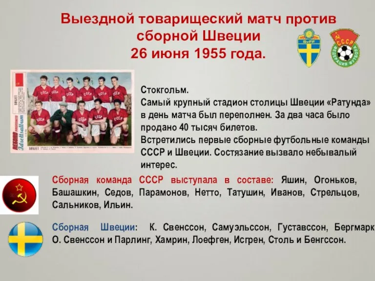 Выездной товарищеский матч против сборной Швеции 26 июня 1955 года. Стокгольм. Самый крупный