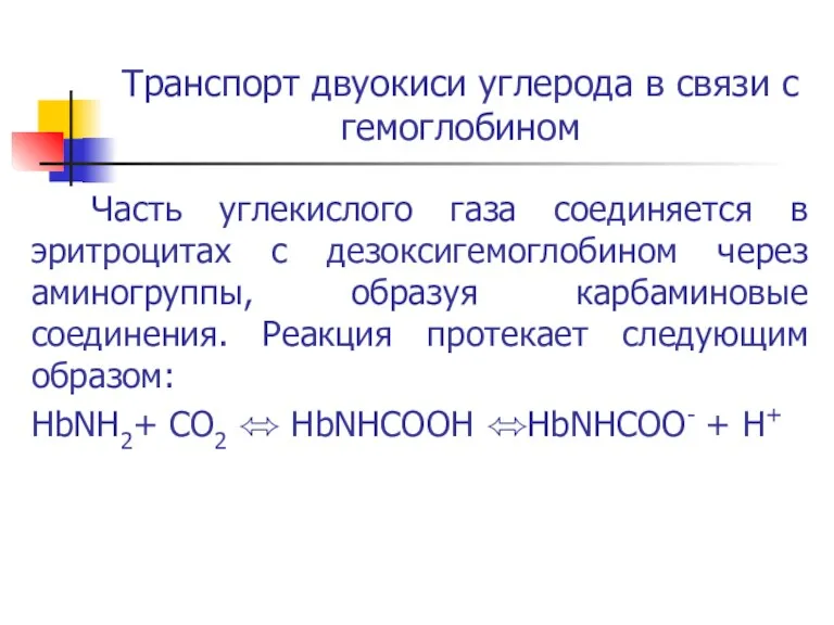 Транспорт двуокиси углерода в связи с гемоглобином Часть углекислого газа