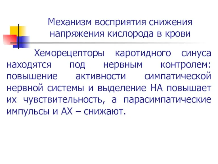 Механизм восприятия снижения напряжения кислорода в крови Хеморецепторы каротидного синуса