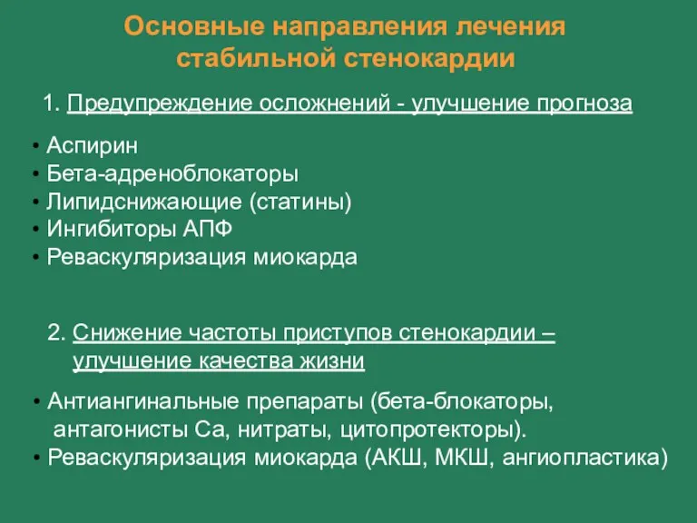 1. Предупреждение осложнений - улучшение прогноза Аспирин Бета-адреноблокаторы Липидснижающие (статины)