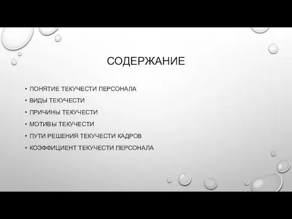 СОДЕРЖАНИЕ ПОНЯТИЕ ТЕКУЧЕСТИ ПЕРСОНАЛА ВИДЫ ТЕКУЧЕСТИ ПРИЧИНЫ ТЕКУЧЕСТИ МОТИВЫ ТЕКУЧЕСТИ