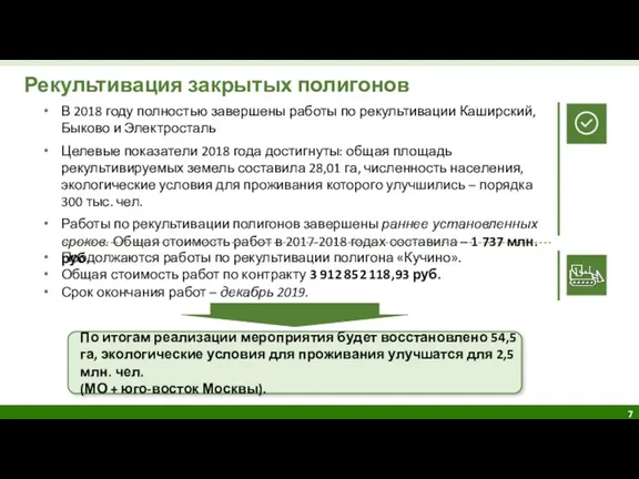 Рекультивация закрытых полигонов В 2018 году полностью завершены работы по