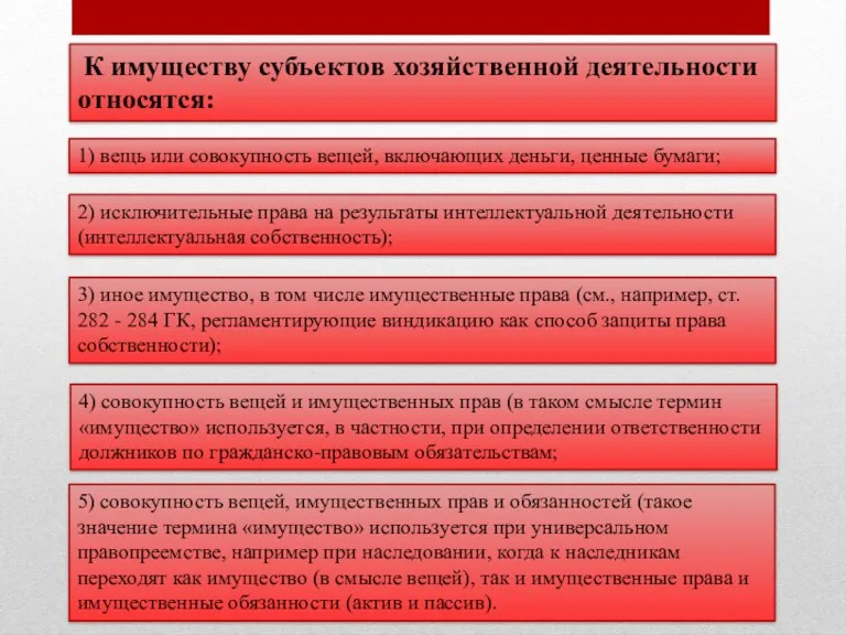 К имуществу субъектов хозяйственной деятельности относятся: 1) вещь или совокупность вещей, включающих деньги,